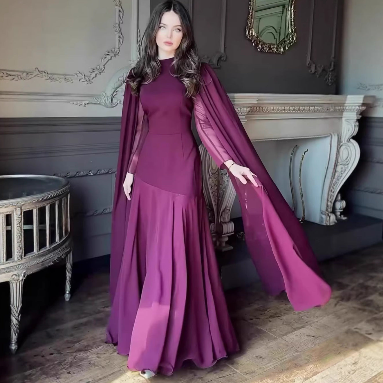 Women's High Neck Fishtail Long Sleeve Maxi Dress – Elegant Autumn Gown