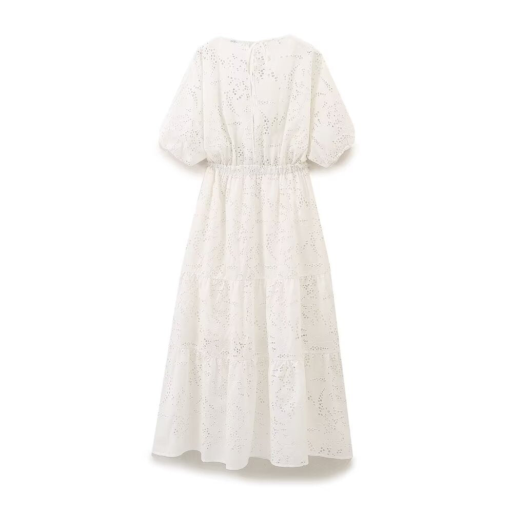 Women's Bow & Hollow Embroidery A-Line Midi Dress | White