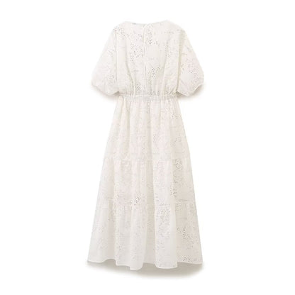 Women's Bow & Hollow Embroidery A-Line Midi Dress | White