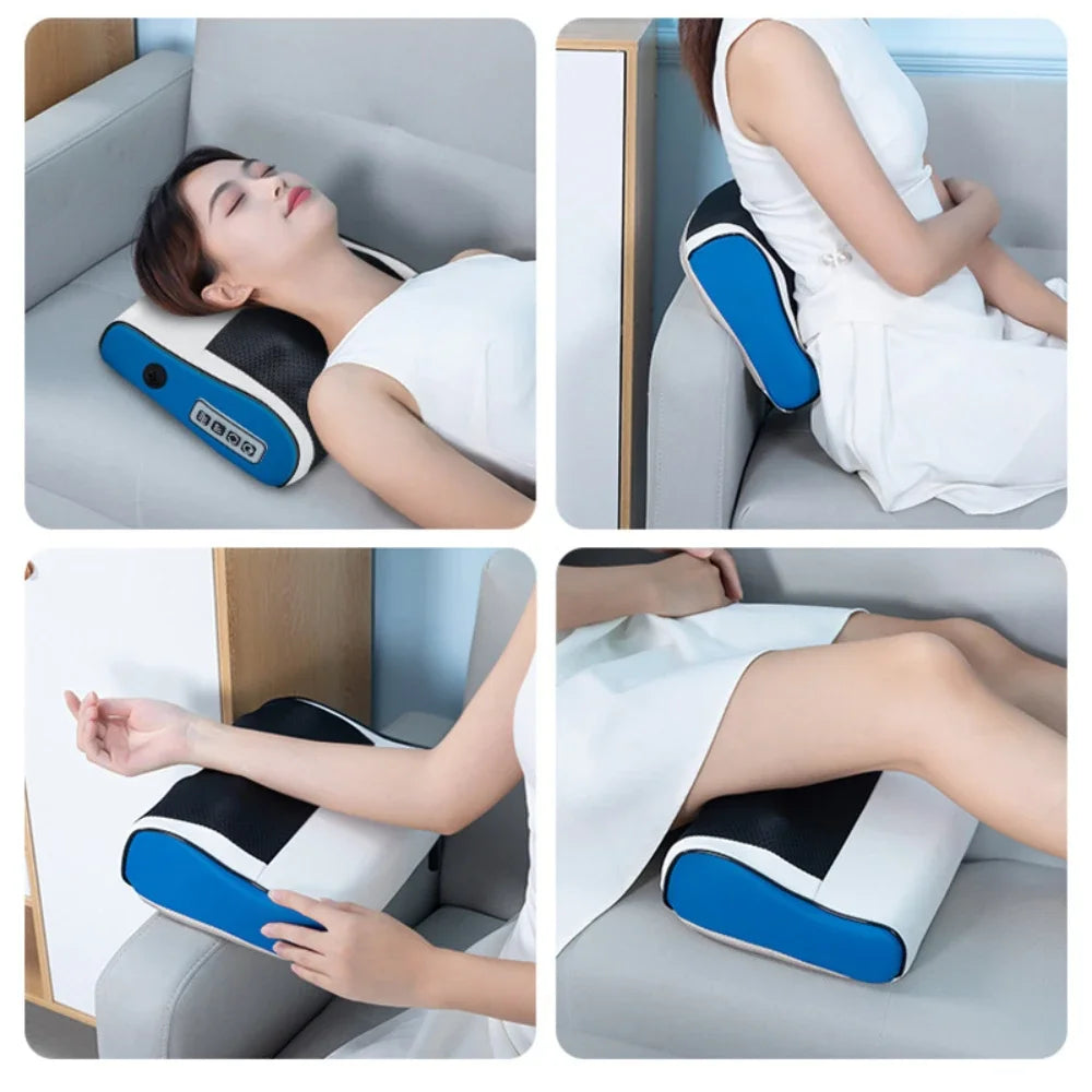 Electric shiatsu massage pillow with heat for neck, shoulders, back, and waist. Ideal for home, office, or car use with simple one-touch control.