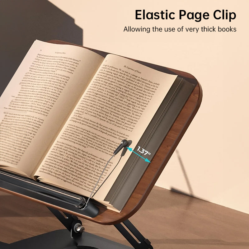 360° rotating adjustable book stand with elastic clips. Hands-free reading for cookbooks, laptops, tablets, and documents—stable, flexible, and space-saving.