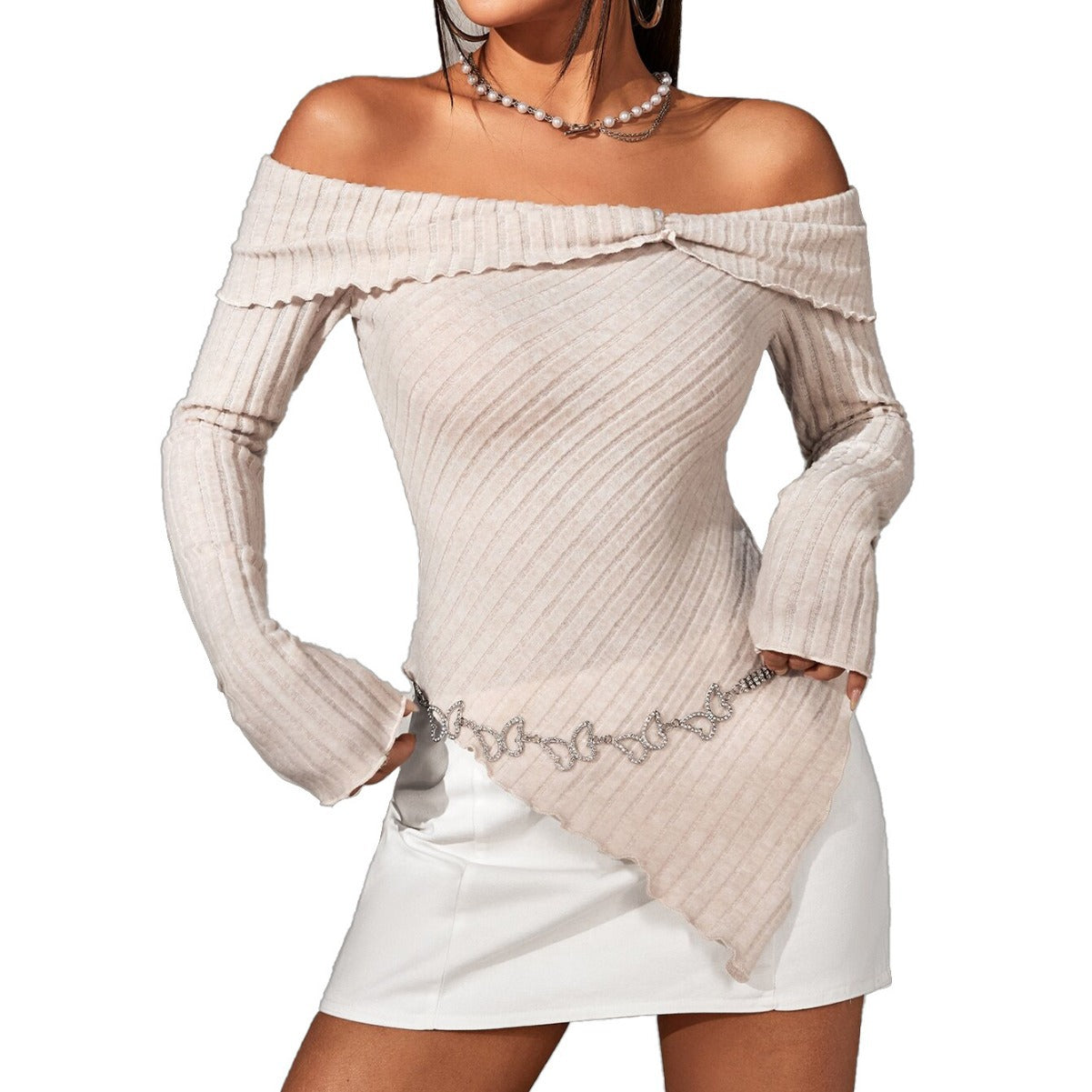 Women's Off Shoulder One-Line Collar Slim Fit Long Sleeve Top – Elegant Casual Blouse
