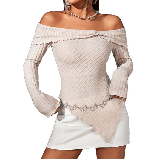 Women's Off Shoulder One-Line Collar Slim Fit Long Sleeve Top – Elegant Casual Blouse