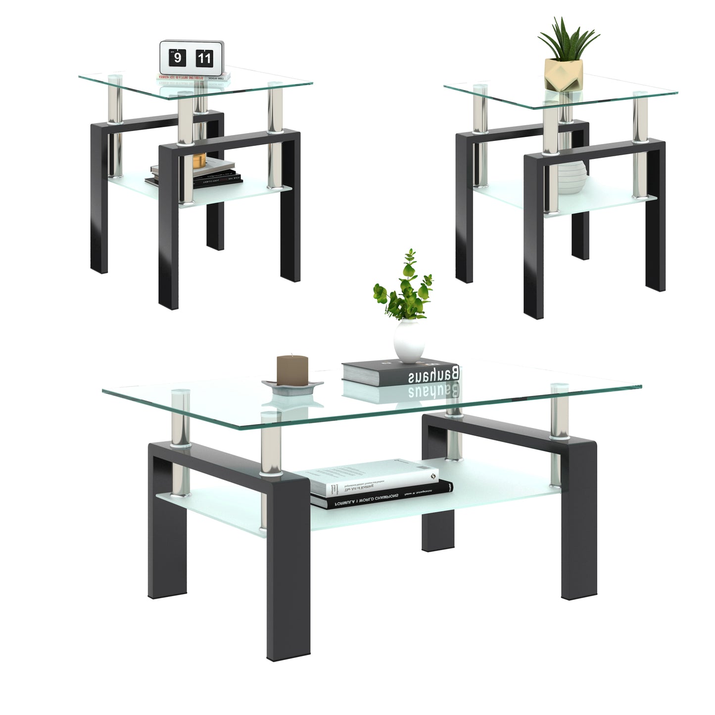 Set of 2 modern square tables made with tempered glass. Sleek, durable, and stylish—perfect as tea tables, coffee tables, or end tables for living rooms.
