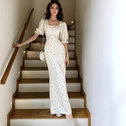 Elegant Floral Print Long Sleeve Dress – A-Line Lace Trim Fitted Women’s Spring Fashion