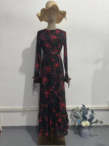 Women's Chinese Style Floral Hooded Long Sleeve Fairy Maxi Dress – Plum Red
