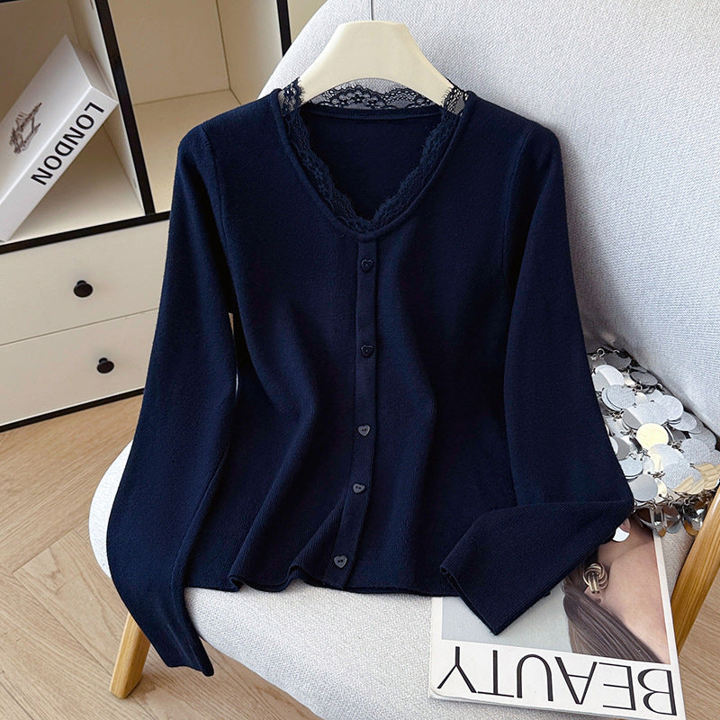 Lace Trim Round Neck Knit Sweater - Long Sleeve Pullover