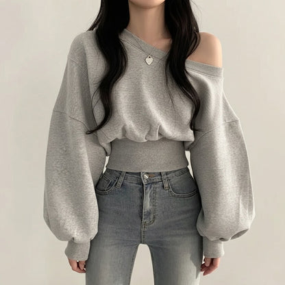 Women's One Shoulder Knit Hoodie – Loose Fit Long Sleeve Pullover Top