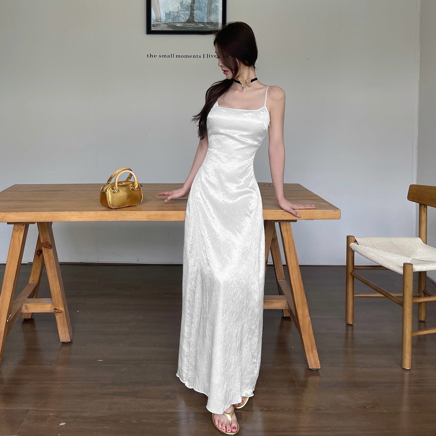 Satin Camisole Waist Bag Hip Long Skirt - White V-Neck Sleeveless Midi Dress