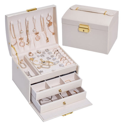 Three-Layer Leather Drawer Jewelry Box – Light Luxury Earrings & Stud Storage with Lock