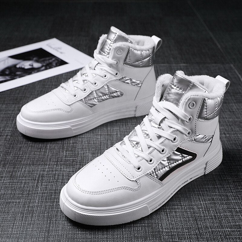 Winter Men Shoes High-Top Walking Shoes - White Cotton Casual Canvas Height Increasing Shoes