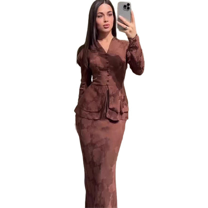 Women's Literary Retro Floral V-Neck Long Sleeve Fitted Maxi Dress – Dark Brown