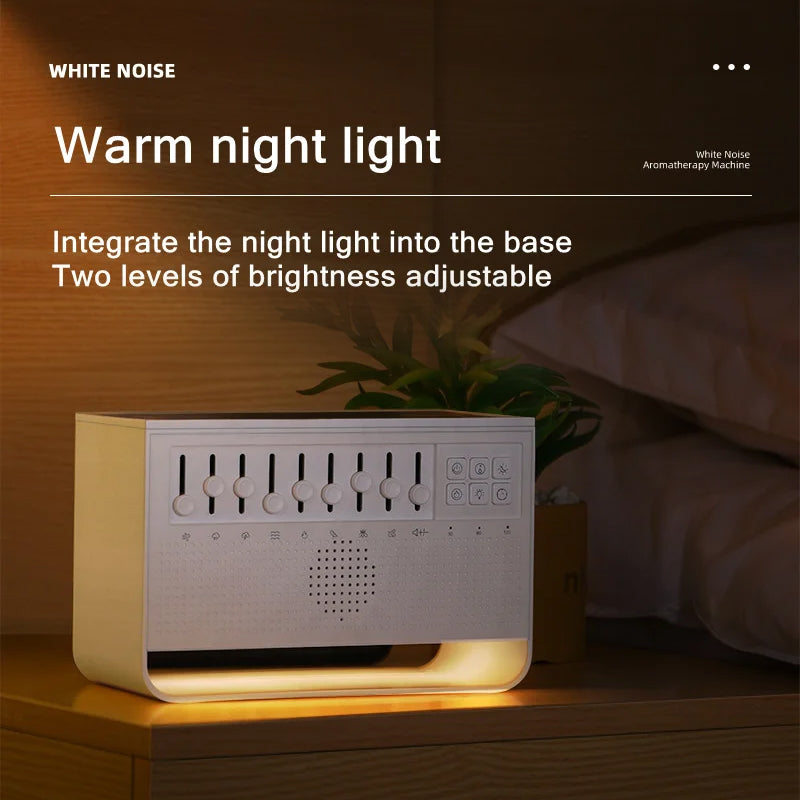 Haut-parleur Bluetooth multifonction avec bruit blanc, sons naturels, veilleuse douce et humidificateur. Idéal pour le sommeil, la détente et l’ambiance de la maison.