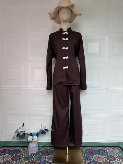 Women's Vintage Long Sleeve Loose Two-Piece Set – Dress & Long Pants, 5 Colors
