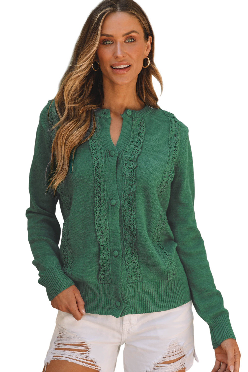 Green Lace Trim Ribbed Cardigan - Button Up Knit Sweater