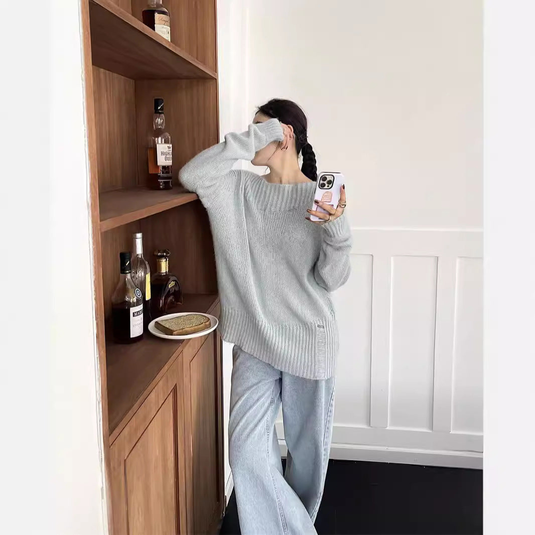 Zarusky Off Shoulder Loose Knit Sweater – Ripped Slanted Collar High-End Top