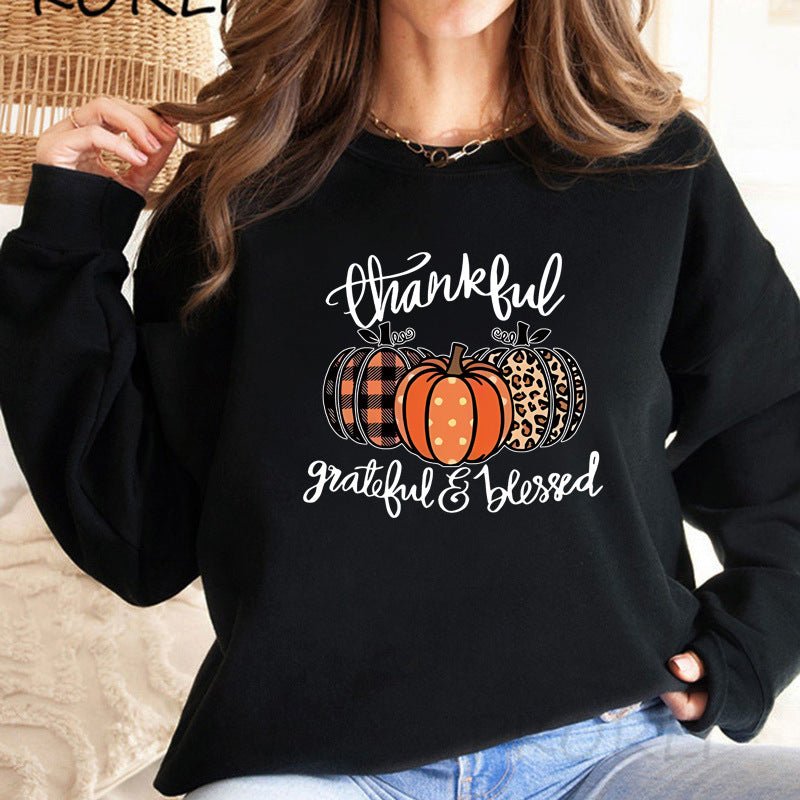 Back collar with plush sweatshirt round neck with pumpkin print