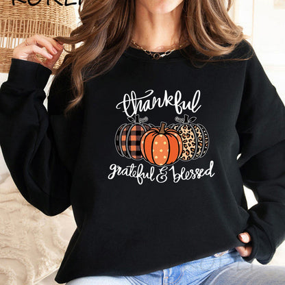 Back collar with plush sweatshirt round neck with pumpkin print