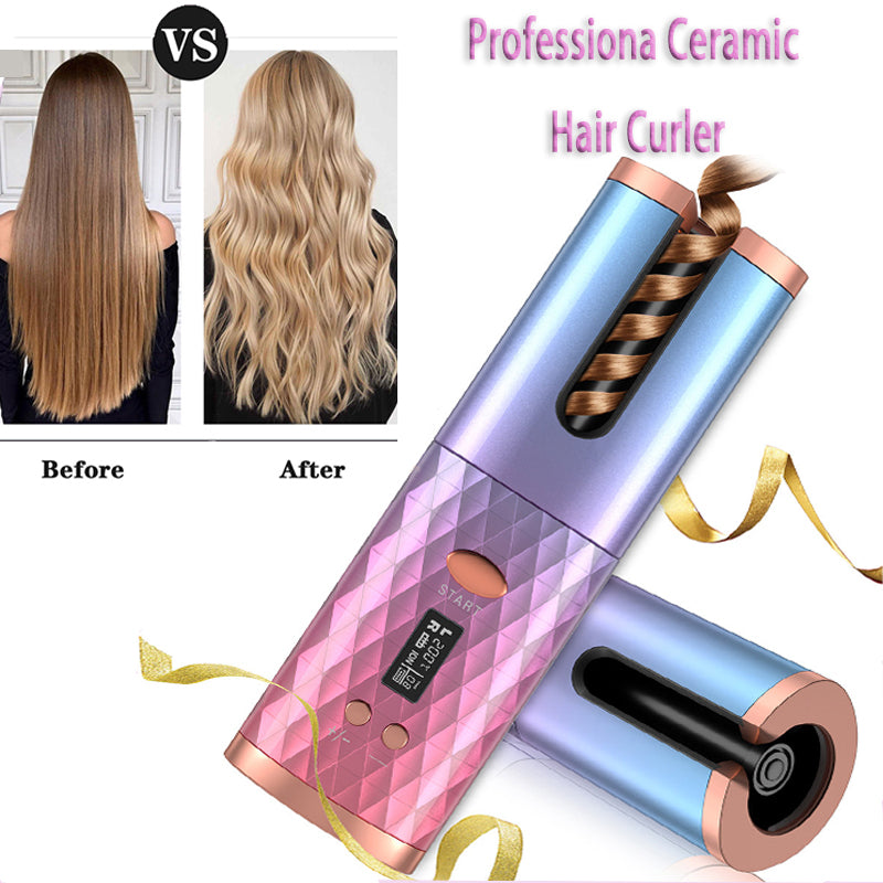 Portable USB Automatic Curling Iron - Cordless LCD Hair Curler