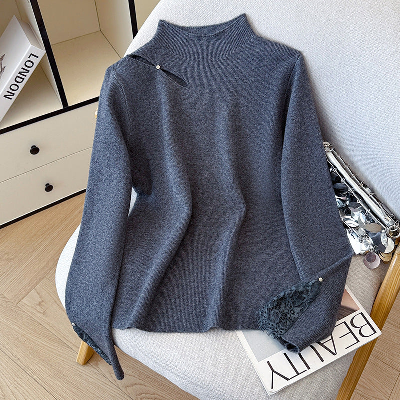 Lace Trim Halter Neck Knit Sweater - Hollow Out Long Sleeve