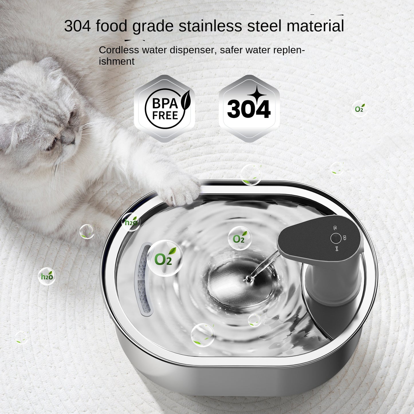 Wireless stainless steel cat water dispenser with intelligent circulation. Battery-powered, quiet, and hygienic—fresh flowing water for daily pet hydration.