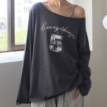 Zarusky Slanted Collar Off Shoulder Letter Print Top – Loose Fit Long Sleeve