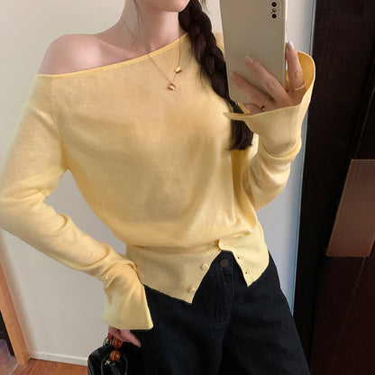 Women's Off Shoulder Asymmetric Neck Loose Knit Top – Long Sleeve Button Casual Blouse