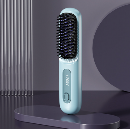 Cordless hair straightener comb with digital adjustable temperature. Safe, easy to use, and perfect for smooth styling at home or while traveling.