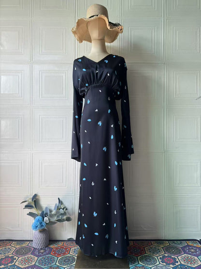 Women's Floral V-Neck Flared Sleeve Straight Cut Dress – Light Blue, White & Black