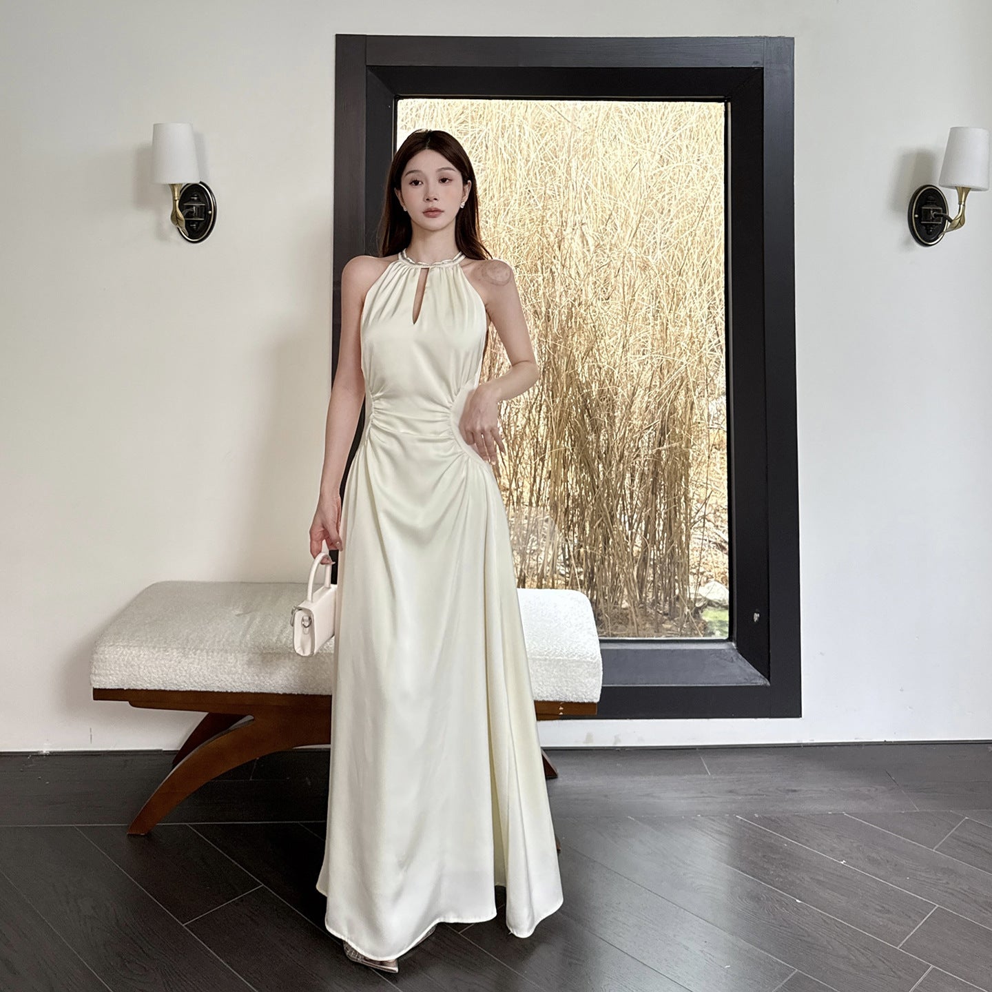 Hanging Neck Satin French Minimalist Elegant Long Skirt - Apricot Midi Dress