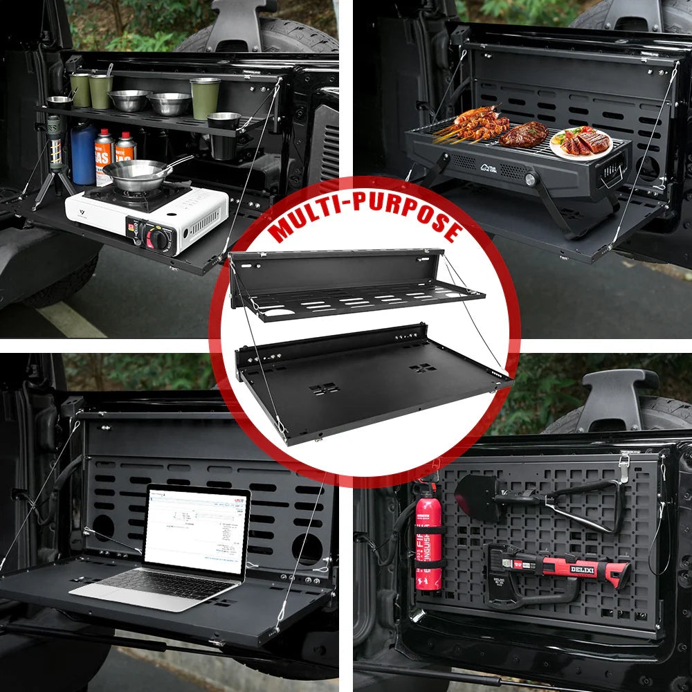 Heavy-duty 2-tier tailgate table with MOLLE panel for Ford Bronco 2021–2024. Ideal for camping, overlanding, and organized outdoor gear storage.