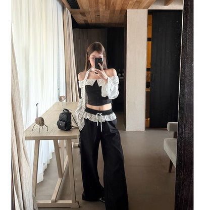 Women's One Shoulder Long Sleeve Crop Top & Wide Leg Pants Set – Color Block Polyester