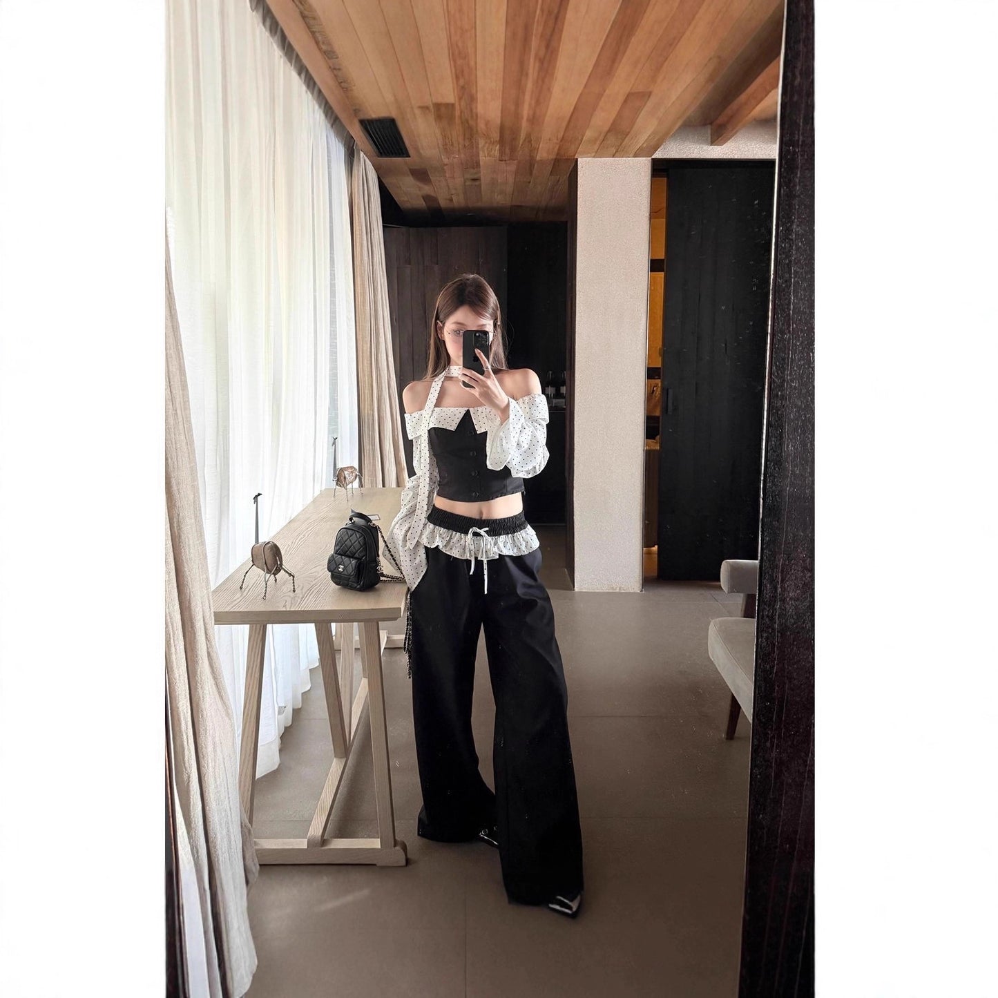 Women's One Shoulder Long Sleeve Crop Top & Wide Leg Pants Set – Color Block Polyester