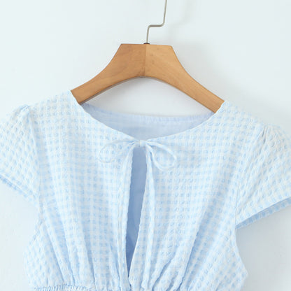 Women's Light Blue Plaid Mini Dress – 3/4 Sleeve Loose Fit Literary Retro Dress