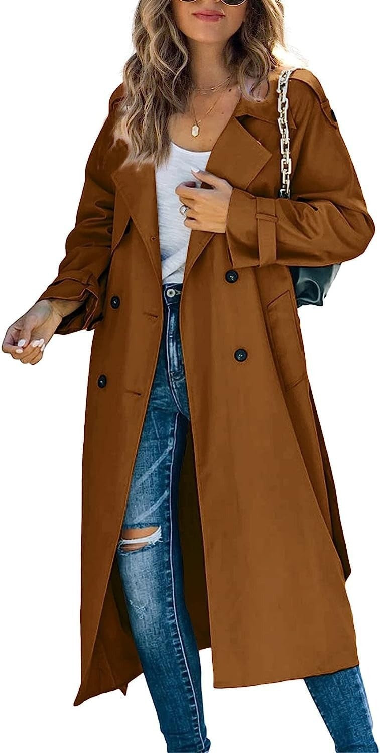Luxury Wool-Blend Trench Coat for Women – Autumn/Winter Double-Breasted Long Coat with Notch Lapel, Straight Fit Elegant Casual Outerwear
