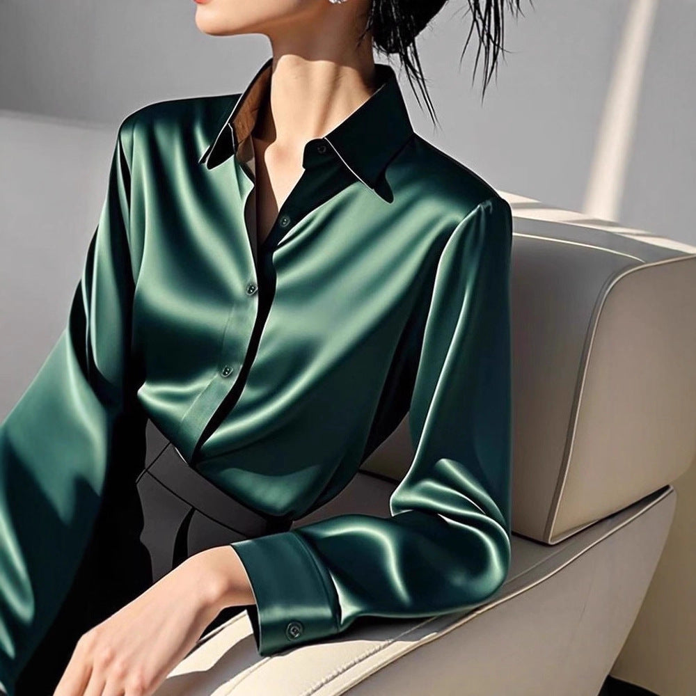 Women’s High-Quality Acetate Satin Shirt – Dark Green Long Sleeve | Elegant Luxury Blouse