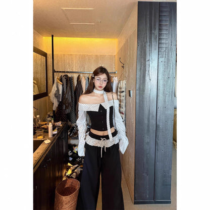 Women's One Shoulder Long Sleeve Crop Top & Wide Leg Pants Set – Color Block Polyester