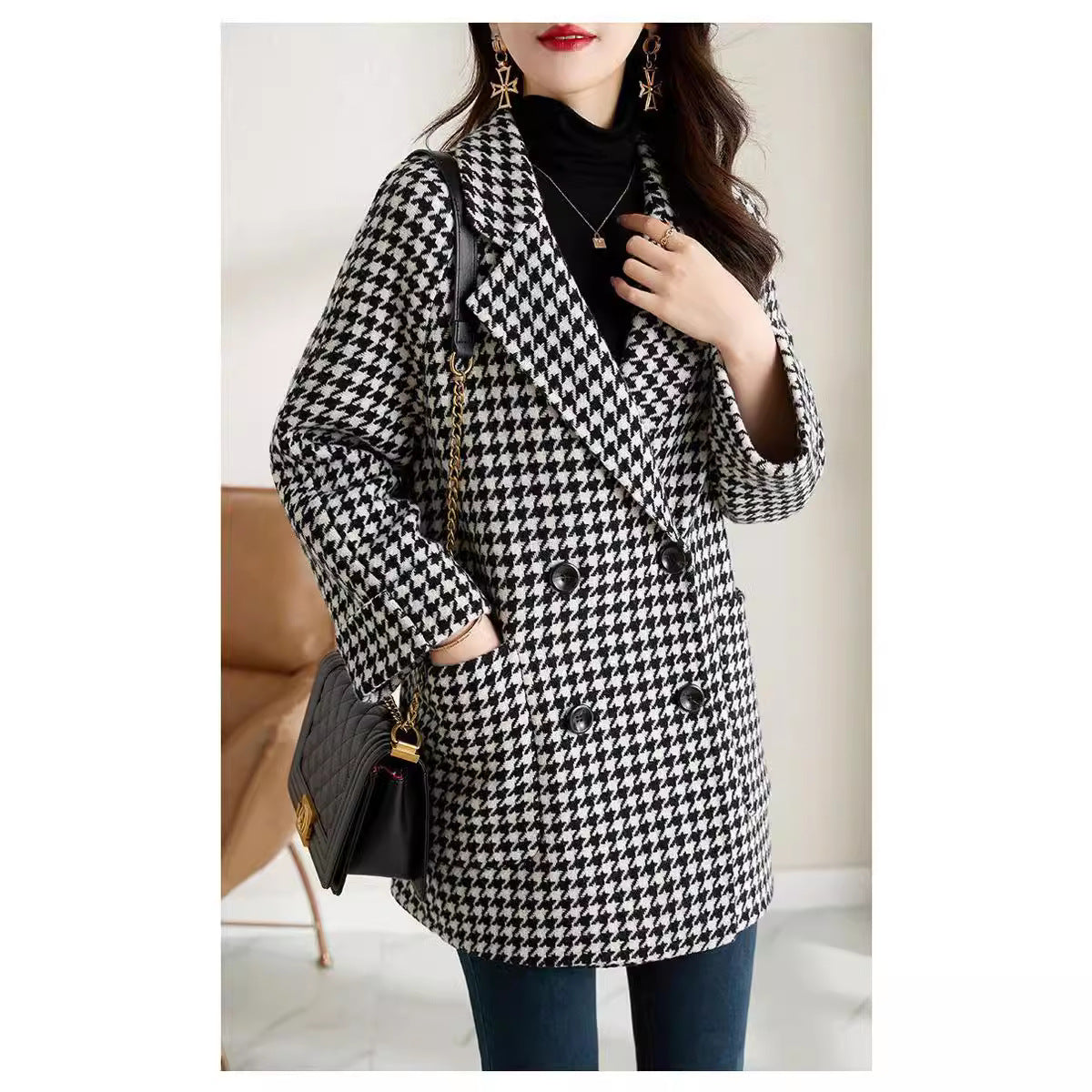 Women’s Luxe Houndstooth Wool Coat – Tailored Winter Outerwear | Elegant Premium Long Coat