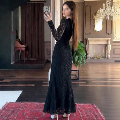 Women's Elegant Long Sleeve Fitted Maxi Dress – High Waist Round Neck Black Gown