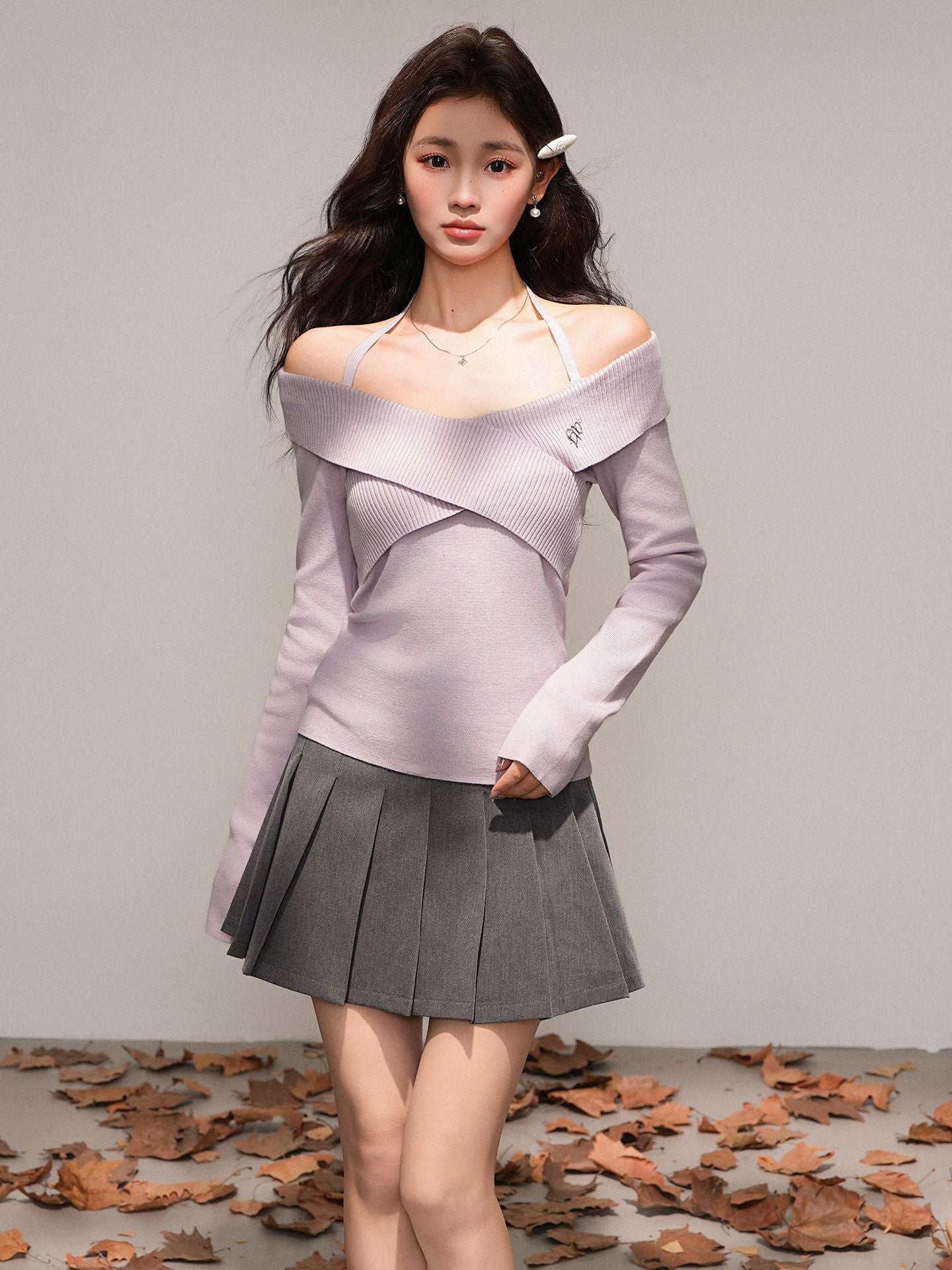 Women's One Shoulder Off Shoulder Knit Crop Top – Slim Fit Long Sleeve Sweater