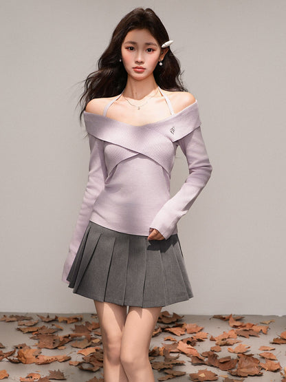 Women's One Shoulder Off Shoulder Knit Crop Top – Slim Fit Long Sleeve Sweater