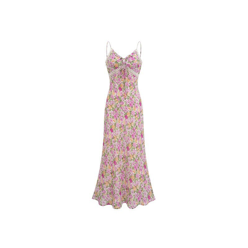 Women's Floral Lace Trim V-Neck Maxi Dress – Sleeveless Bodycon Beach Dress