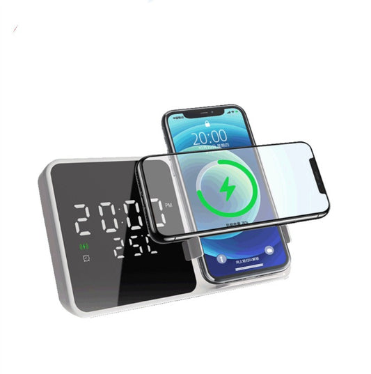 "3-in-1 wireless charging station with digital alarm clock, LED temperature display and 15W fast phone charger"