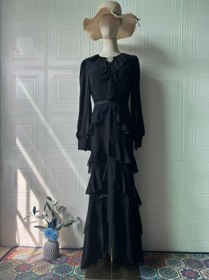 Waist Cinching Mermaid Maxi Dress – Lantern Sleeve Stand Collar Women’s Long Dress | 5 Colors