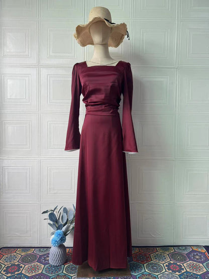 Women's Square Neck Tie Waist Fitted Long Sleeve Satin Dress – Blue, Dark Red & Coffee