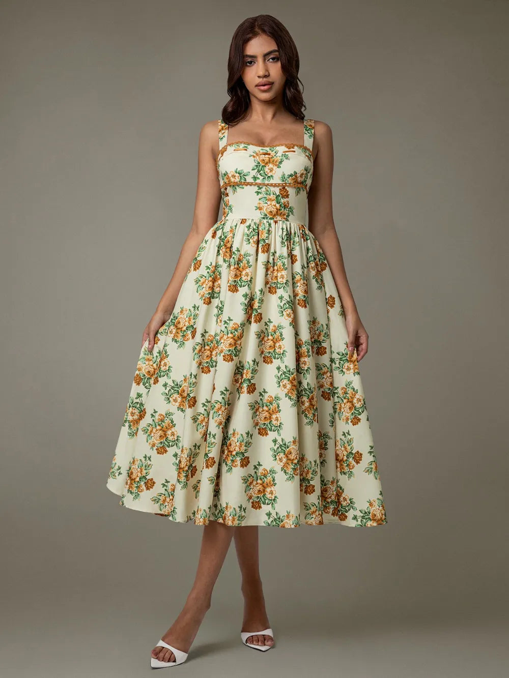 Floral Lace Trim Sleeveless Midi Dress - Ruched Detail