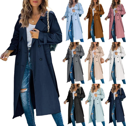 Luxury Wool-Blend Trench Coat for Women – Autumn/Winter Double-Breasted Long Coat with Notch Lapel, Straight Fit Elegant Casual Outerwear