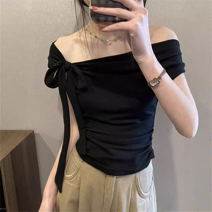 Women's Off Shoulder Strap Short Top – Slim Fit One-Word Collar Rayon Blouse