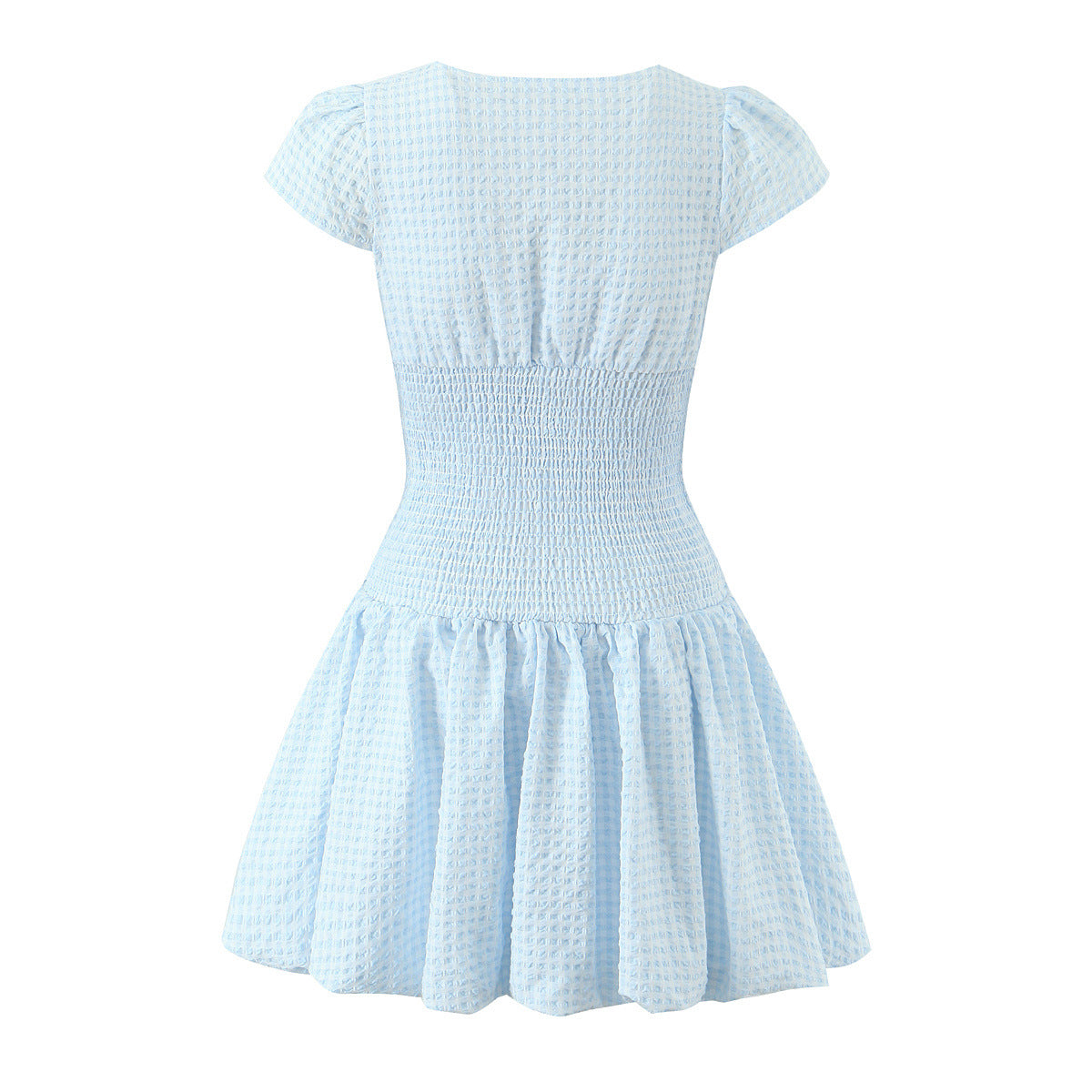 Women's Light Blue Plaid Mini Dress – 3/4 Sleeve Loose Fit Literary Retro Dress