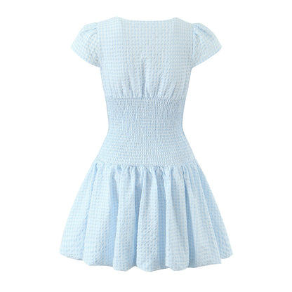 Women's Light Blue Plaid Mini Dress – 3/4 Sleeve Loose Fit Literary Retro Dress